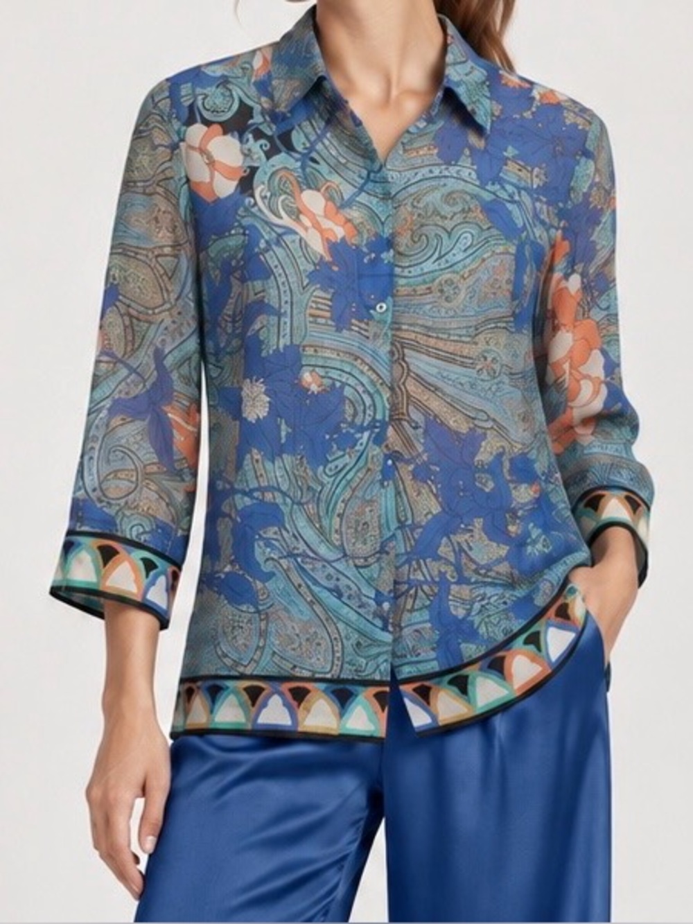 Kobi Halperin Cotton Lightweight Semi-sheer Paisley Button Front Blouse S